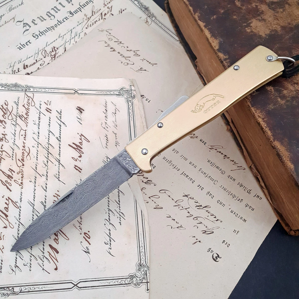 Otter Mercator Brass Damascus With Clip 3 Otter Mercator Brass Damascus With Clip